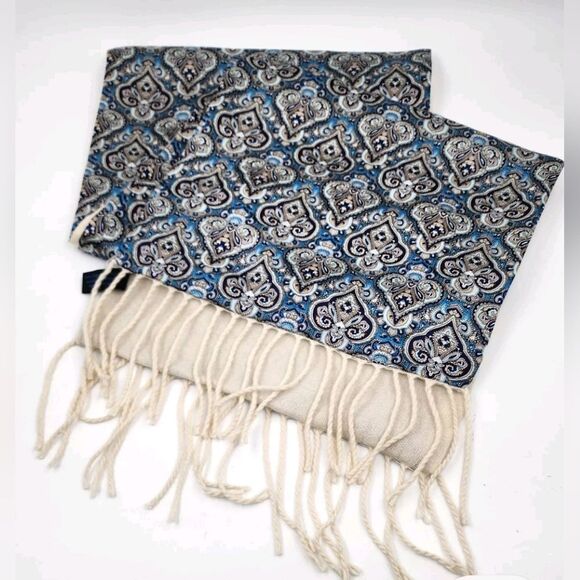Enzo Mantovani Italian 100% CASHMERE SILK Blue White Paisley Scarf Fringe 61"×11 - Picture 1 of 9